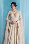 Buy_LASHKARAA_Beige Georgette, Satin Embroidery V-neck Designer Dusty Anarkali Set _Online_at_Aza_Fashions