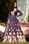 Buy_LASHKARAA_Navy Silk, Satin Embroidery Round Neck Blue Floral Anarkali Set _Online_at_Aza_Fashions