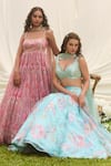 Shop_LASHKARAA_Pink Net, Organza Embroidery Round Neck Dusty Floral Anarkali Set _Online_at_Aza_Fashions