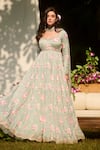 Shop_LASHKARAA_Green Net, Organza Embroidery Round Neck Light Floral Anarkali Set _Online_at_Aza_Fashions