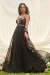 Shop_LASHKARAA_Black Net, Organza, Satin Embroidery Round Neck Floral Anarkali Set _Online_at_Aza_Fashions
