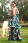 LASHKARAA_Green Silk, Net Embroidery, Sequins Scoop Neck Floral Printed Kurta Set _Online_at_Aza_Fashions