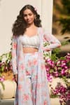 Buy_LASHKARAA_Gray Georgette, Net Embroidery Round Neck Floral Print Cape And Sharara Set _Online_at_Aza_Fashions