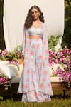Buy_LASHKARAA_Gray Georgette, Net Embroidery Round Neck Floral Print Cape And Sharara Set _at_Aza_Fashions