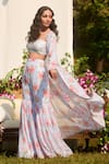 LASHKARAA_Gray Georgette, Net Embroidery Round Neck Floral Print Cape And Sharara Set _Online_at_Aza_Fashions