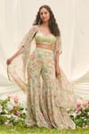 Buy_LASHKARAA_Mint Georgette, Net Sequins Round Neck Green Floral Cape Sharara Set _Online_at_Aza_Fashions
