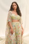 Shop_LASHKARAA_Mint Georgette, Net Sequins Round Neck Green Floral Cape Sharara Set _Online_at_Aza_Fashions
