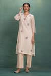 Buy_Kahani Lush_Beige Chanderi Embroidery V-neck Machine Kurta Set _at_Aza_Fashions