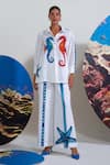 Buy_Nautanky_White Cotton, Linen Embroidery Collared Designer Seahorse Print Pant Set _at_Aza_Fashions