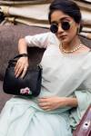 Shop_Miri_Black Embroidery Hand Lotus Baguette Bag _at_Aza_Fashions