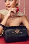 Miri_Black Embroidery Zari Roses Retro Style Flap Sling _at_Aza_Fashions