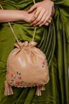 Miri_Beige Embroidery Hand Roses Potli Bag _Online