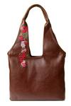 Shop_Miri_Brown Embroidery Hand Wildflowers Tote Bag _at_Aza_Fashions