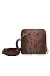 Shop_Miri_Brown Embroidery Hand Red Rosebuds Sling Bag _at_Aza_Fashions