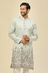 RNG Safawala_Blue Crepe, Silk Embroidery Kurta Set _at_Aza_Fashions