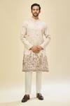 RNG Safawala_Beige Crepe, Silk Embroidery Kurta Set _at_Aza_Fashions