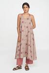 Buy_Sinjhar_Beige Chanderi, Cotton, Silk Embroidery V-neck Printed Kurta Set _at_Aza_Fashions