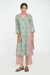 Buy_Sinjhar_Teal Cotton, Chanderi Embroidery Split V-neck Dull Floral Kurta Set _at_Aza_Fashions