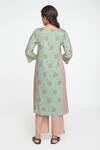 Shop_Sinjhar_Teal Cotton, Chanderi Embroidery Split V-neck Dull Floral Kurta Set _at_Aza_Fashions