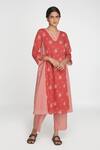 Sinjhar_Red Cotton, Chanderi Split V-neck Floral Printed Kurta Set _at_Aza_Fashions
