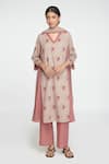 Buy_Sinjhar_Beige Cotton, Chanderi Embroidery V-neck Floral Printed Kurta Set _at_Aza_Fashions