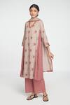 Sinjhar_Beige Cotton, Chanderi Embroidery V-neck Floral Printed Kurta Set _at_Aza_Fashions