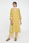 Shop_Sinjhar_Yellow Cotton, Chanderi Embroidery V-neck Printed Kurta Set With Dupatta _Online_at_Aza_Fashions