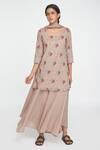 Buy_Sinjhar_Beige Cotton, Chanderi Embroidery Keyhole Neck Floral Print Kurta Set _at_Aza_Fashions