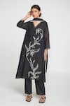 Buy_Sinjhar_Black Chanderi, Cotton Embroidery V-neck Kurta Set _at_Aza_Fashions