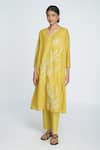 Buy_Sinjhar_Yellow Chanderi, Cotton Embroidery V-neck Kurta Set _Online_at_Aza_Fashions