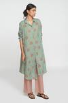 Sinjhar_Teal Cotton Collared Dull Printed Kurta And Pant Set _at_Aza_Fashions
