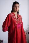 Buy_Siyona by Ankurita_Red Chanderi, Net Embroidery Split V-neck Kurta Set _Online_at_Aza_Fashions