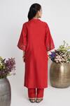 Shop_Siyona by Ankurita_Red Chanderi, Net Embroidery Split V-neck Kurta Set _at_Aza_Fashions