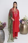 Buy_Siyona by Ankurita_Red Chanderi, Net Embroidery Split V-neck Kurta Set _at_Aza_Fashions