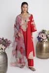 Buy_Siyona by Ankurita_Red Chanderi, Organza Embroidery Round Neck Laal Bootedaar Kurta Set _at_Aza_Fashions