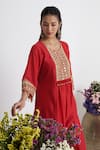 Siyona by Ankurita_Red Chanderi, Viscose Embroidery Round Neck Lehraata Resham Kurta Set _Online_at_Aza_Fashions