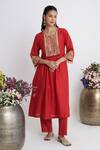 Shop_Siyona by Ankurita_Red Chanderi, Viscose Embroidery Round Neck Lehraata Resham Kurta Set _Online_at_Aza_Fashions