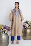 Shop_Siyona by Ankurita_Beige Chanderi, Organza Embroidery Round Neck Chaand Baresham Kurta Set _Online_at_Aza_Fashions