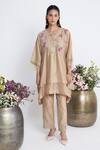Buy_Siyona by Ankurita_Beige Chanderi, Organza Embroidery, Sequins Split Dhaagon Ka Jaal Kurta Set _at_Aza_Fashions