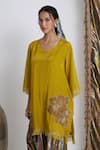 Siyona by Ankurita_Mustard Viscose, Crepe, Cotton Embroidery V-neck Farshi Set _Online_at_Aza_Fashions