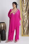 Buy_Siyona by Ankurita_Pink Viscose, Crepe Beads V-neck Gulabo Rani Kurta And Pant Set _at_Aza_Fashions
