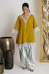 Siyona by Ankurita_Mustard Viscose, Crepe, Cotton Lace V-neck Sarson Sitara Farshi Set _Online_at_Aza_Fashions