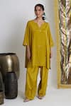 Buy_Siyona by Ankurita_Mustard Viscose, Crepe Stones, Sequins V-neck Sarson Softy Farshi Set _Online_at_Aza_Fashions