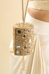 Tasna_Gold Beads, Mirrors Suede Embellished Clutch _at_Aza_Fashions