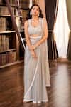 Aariyana Couture_Gray Tulle, Modal, Satin Embroidery, Pearls Grey Hand Pre-draped Saree Set 