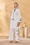 Shop_Masaba_Ivory Cotton, Linen Embroidery Round Neck Trellis Palm Trouser Set _Online_at_Aza_Fashions