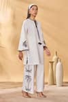 Masaba_Ivory Cotton, Linen Embroidery Round Neck Trellis Palm Trouser Set _at_Aza_Fashions