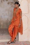 Adi By Aditya Khandelwl_Orange Silk Embroidery, Zari Round Neck Burnt Hand Kurta Set _Online_at_Aza_Fashions