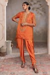 Buy_Adi By Aditya Khandelwl_Orange Silk Embroidery, Zari Round Neck Burnt Hand Kurta Set _at_Aza_Fashions