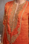 Shop_Adi By Aditya Khandelwl_Orange Silk Embroidery, Zari Round Neck Burnt Hand Kurta Set 